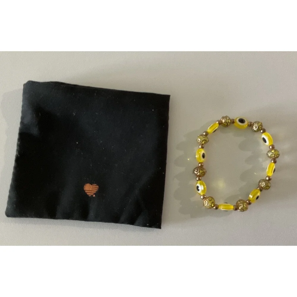 Alex and Ani Yellow Evil Eye Beaded Stretch Bracelet Gold Tone Filigree NWOT
